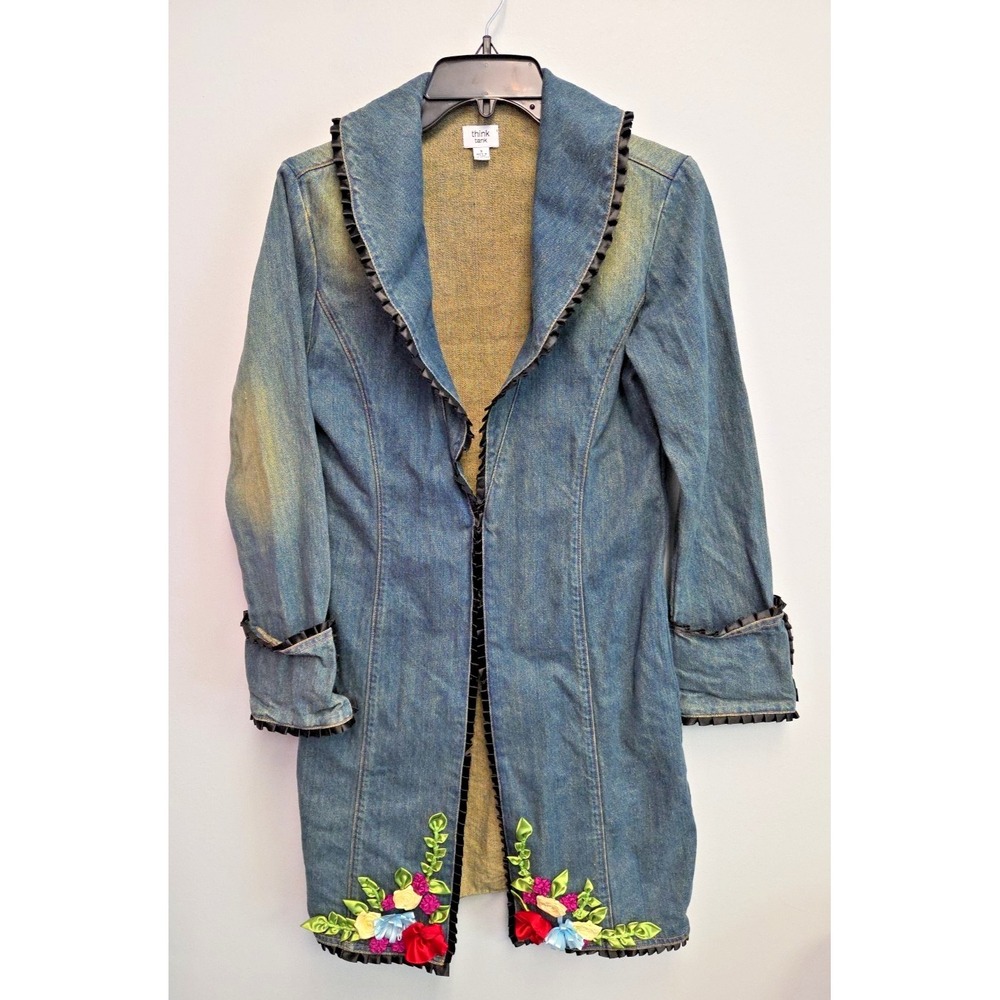 Think Tank Womens Long Denim Jean S Jacket Ribbon Flower Accents Boho Unique